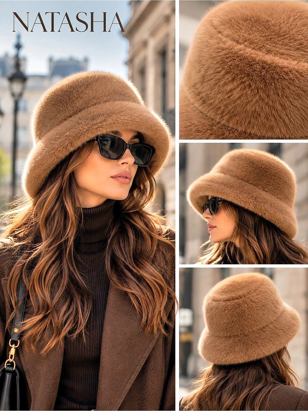Natasha Faux Fur Bucket Hat Camel Brown NWOT